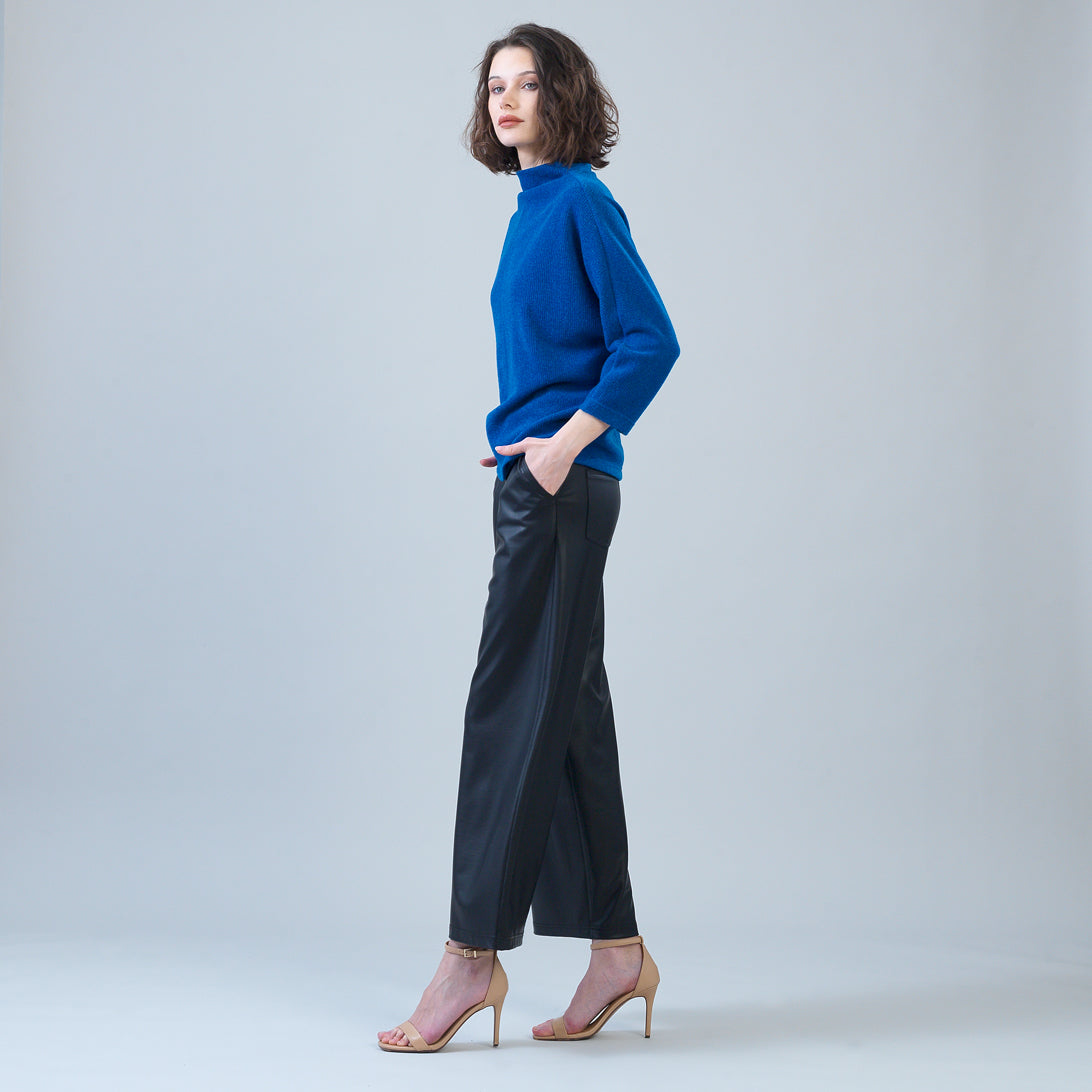 Plush Ribbed - Funnel Neck Sweater - Cobalt