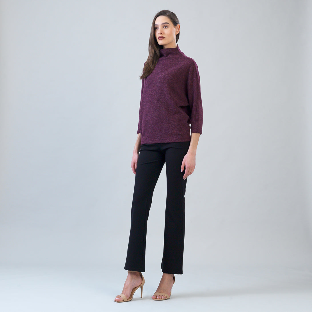 Plush Ribbed - Funnel Neck Sweater - Plum