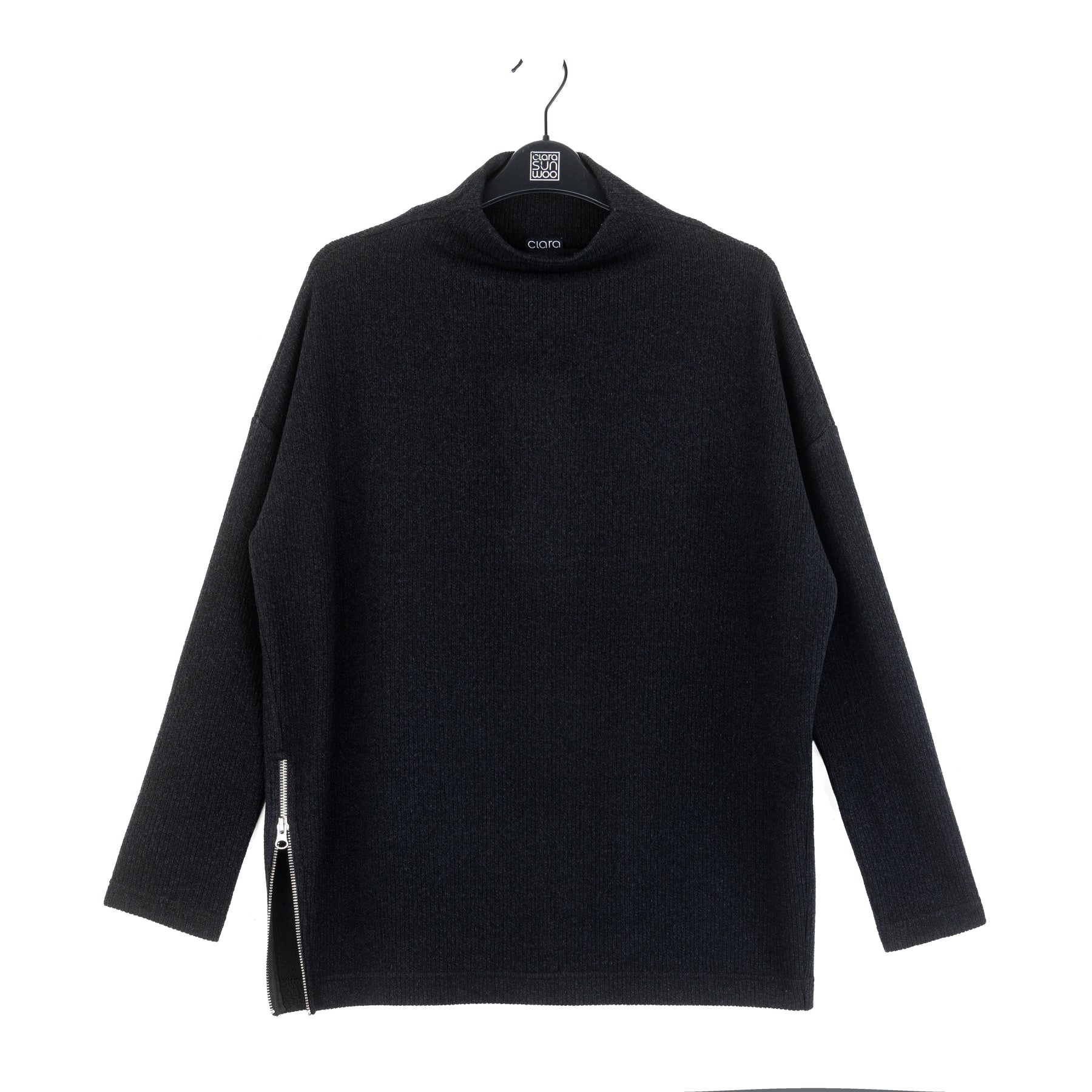 Plush Ribbed - Zipper Vent Tunic Sweater - Black