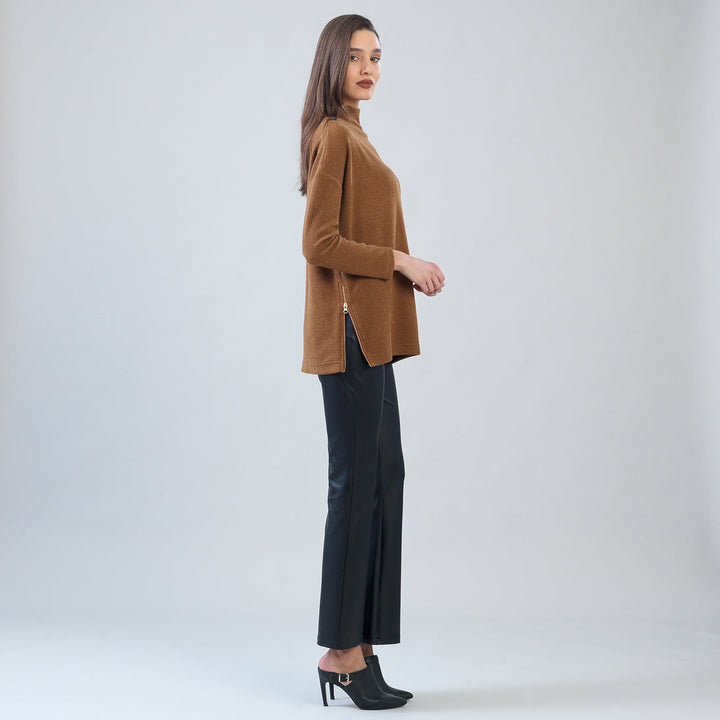 Plush Ribbed - Zipper Vent Tunic Sweater - Camel