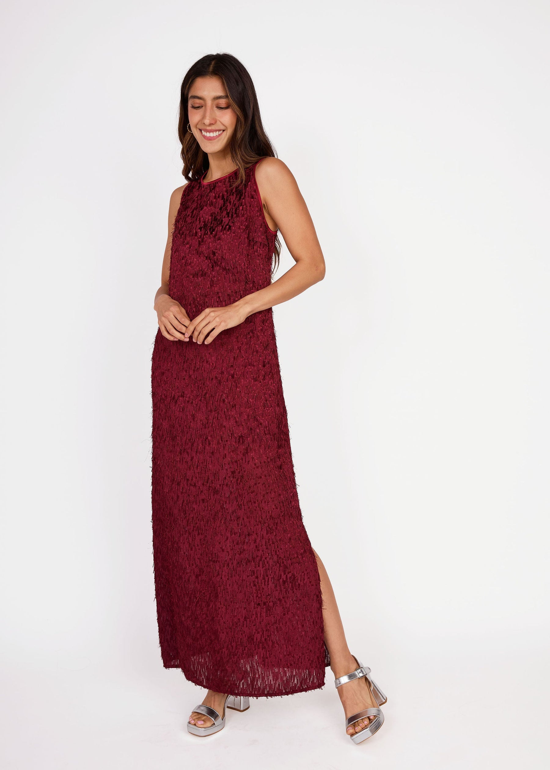 Hannah Dress Plum Fringe Chiffon