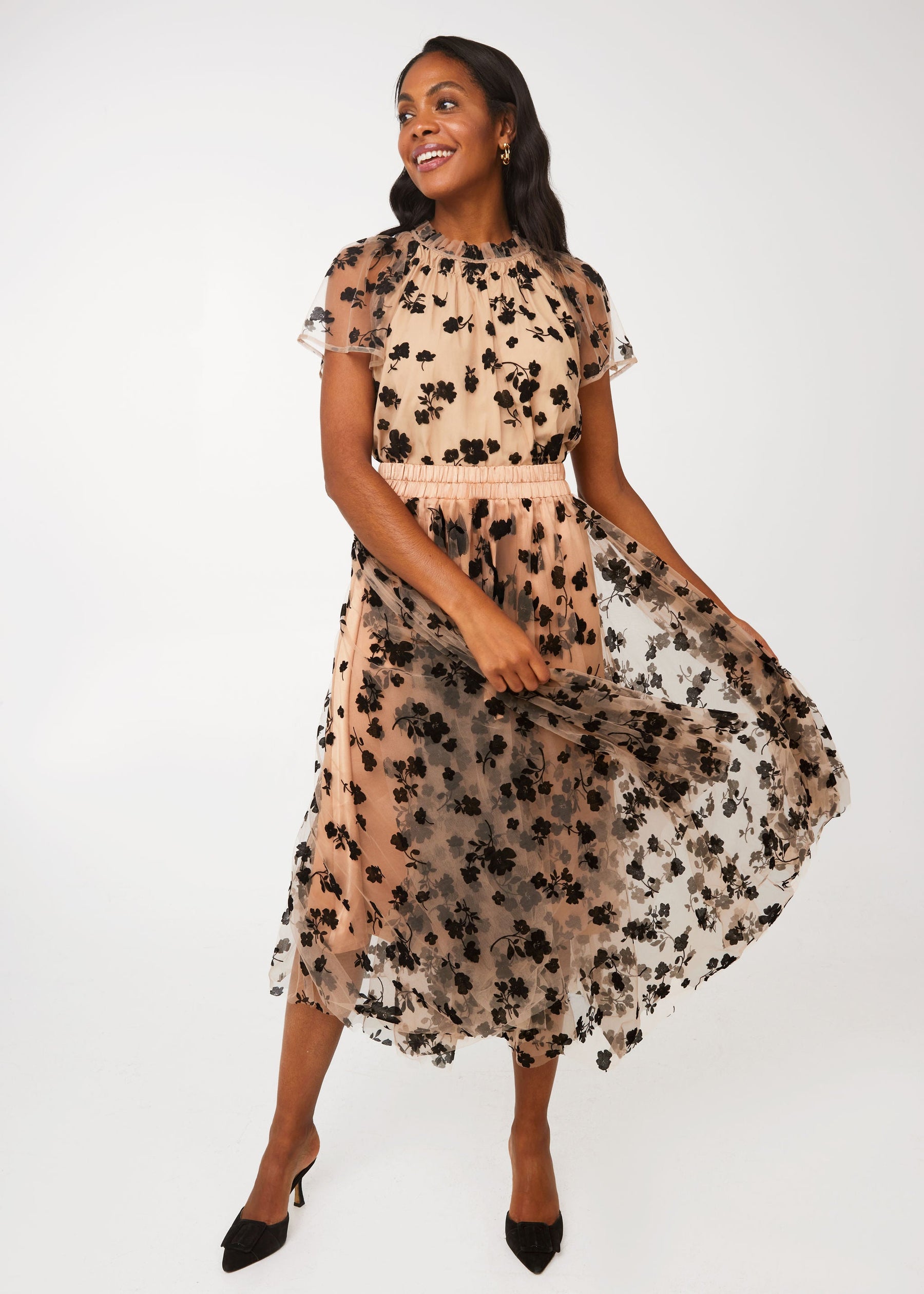 Sue Skirt Nude Floral Velvet Tulle
