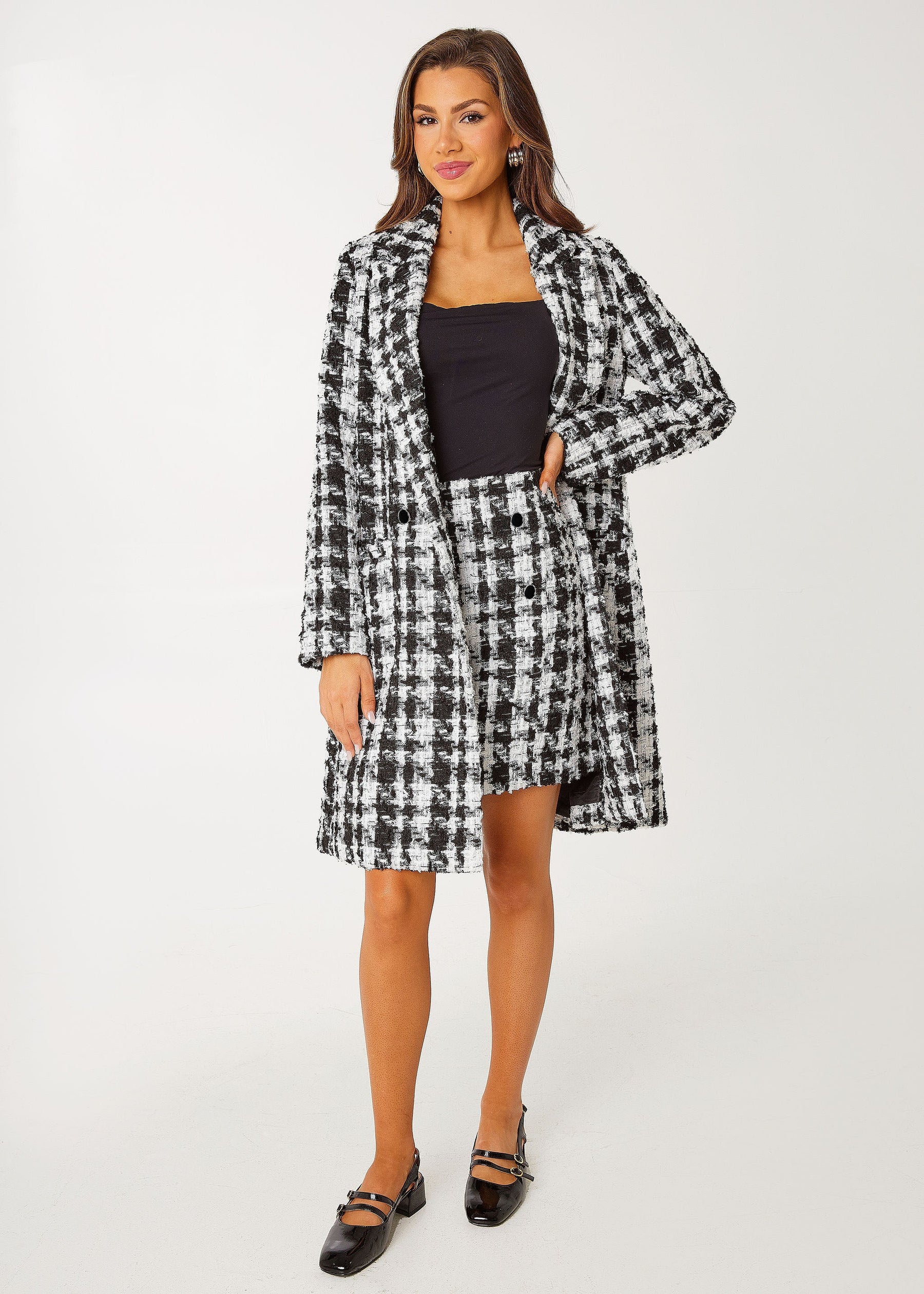 Abigail Coat Black and White Houndstooth Tinsel Tweed