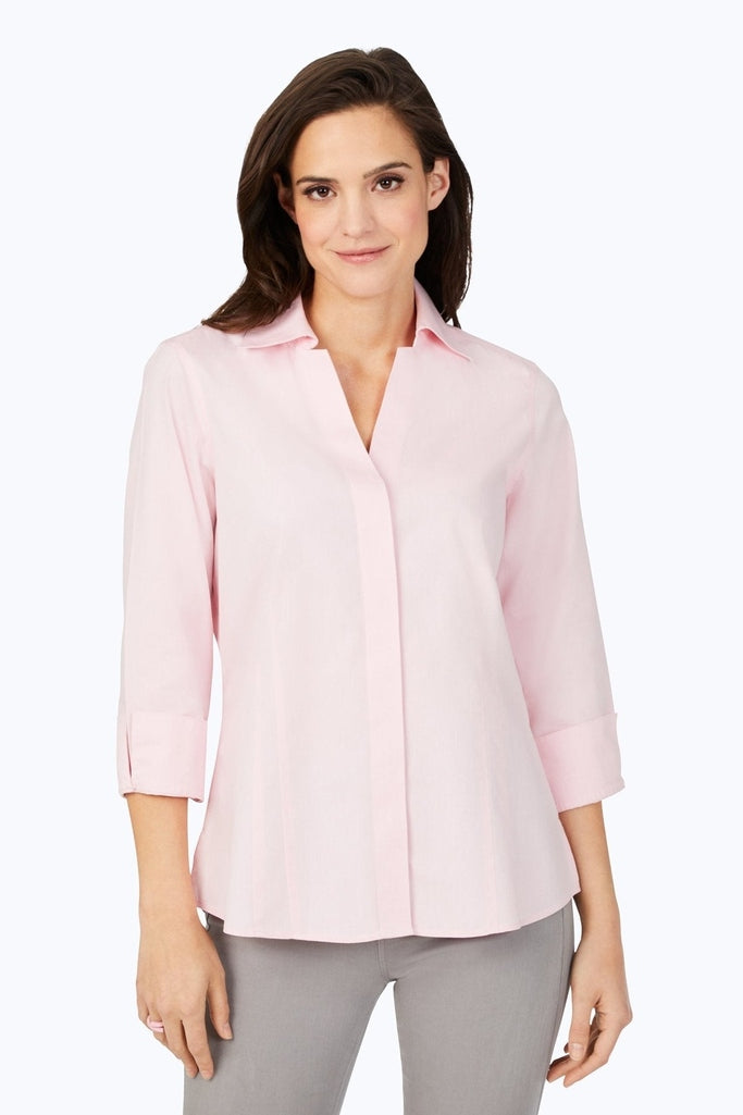 Taylor no iron pinpoint 3/4 sleeve shirt in #color_chambray pink