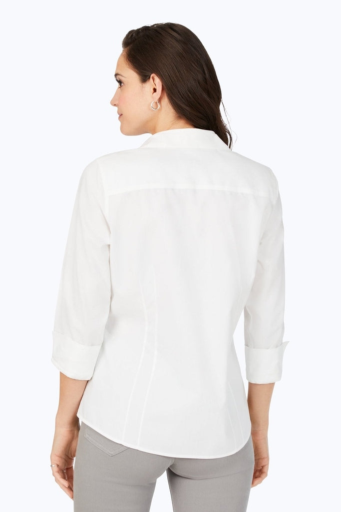 Rear view of the Taylor pinpoint 3/4 sleeve shirt in #color_white