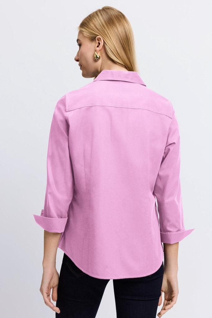 Rear view of the Taylor pinpoint 3/4 sleeve shirt in #color_rose quartz