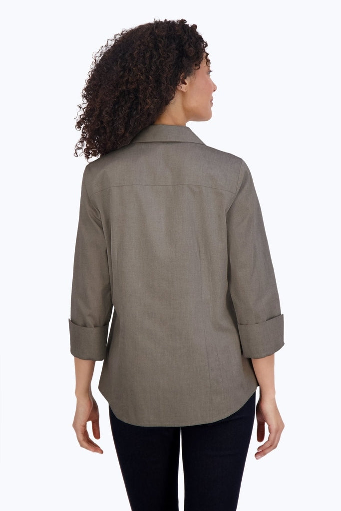 Rear view of the Taylor pinpoint 3/4 sleeve shirt in #color_charcoal