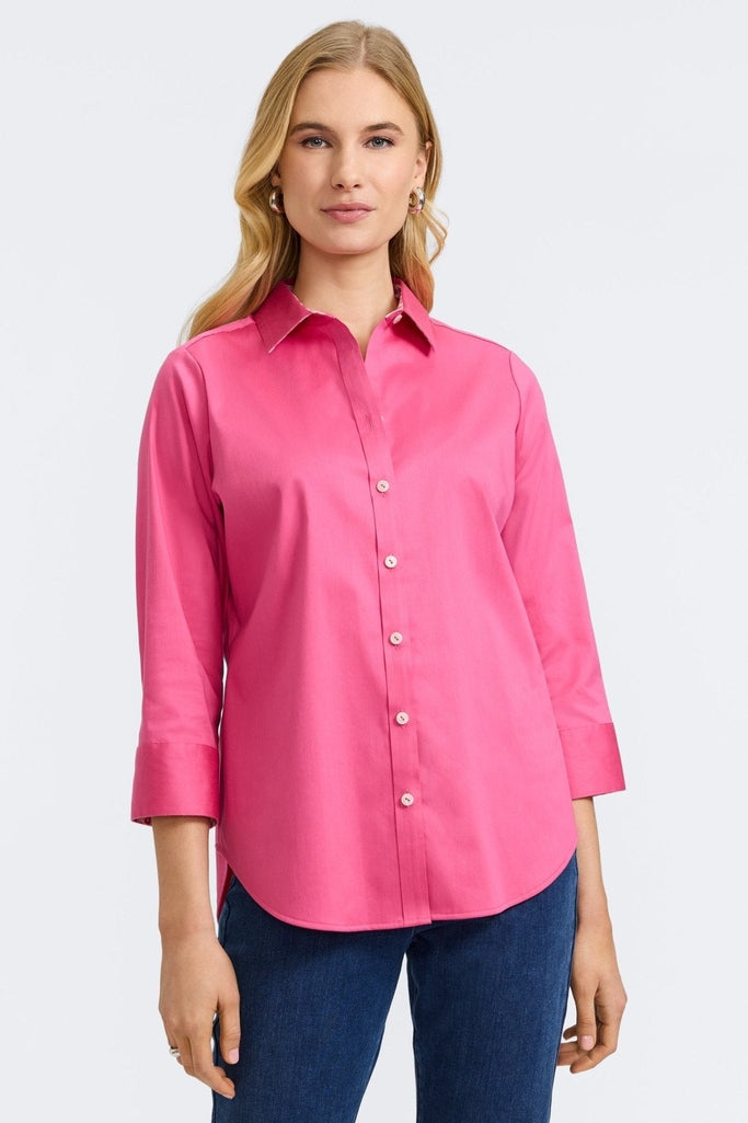 Front view of the Margie Stretch Matte Sateen 3/4 Sleeve Shirt with unfolded cuffs and a folded collarn#color_pink flambe 