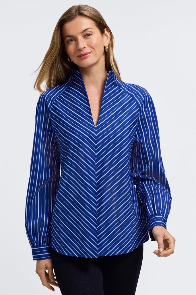 Front view of the Daphne Classic Wide Stripe Long Sleeve Popover Shirt showing the flattering vertical and diagonal lines #color_blue & white wide stripe