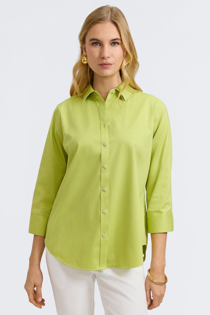 Front view of a woman sharing Margie Stretch Matte Sateen 3/4 Sleeve Shirt
#color_chartreuse