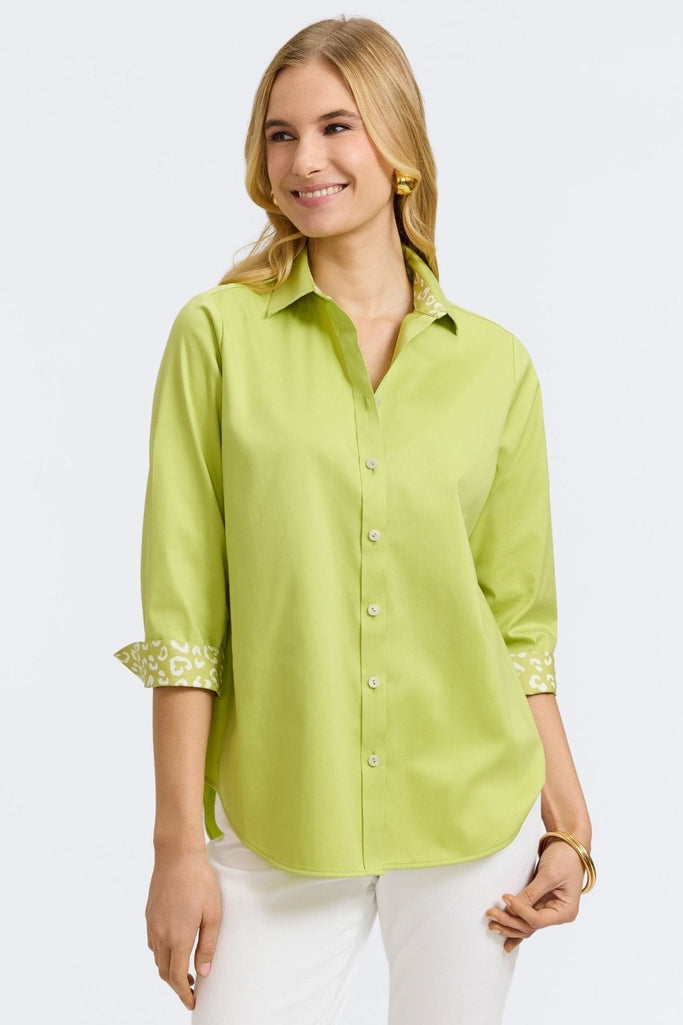 Front view of the Margie Stretch Matte Sateen 3/4 Sleeve Shirt with the cuffs folded showing the print #color_chartreuse