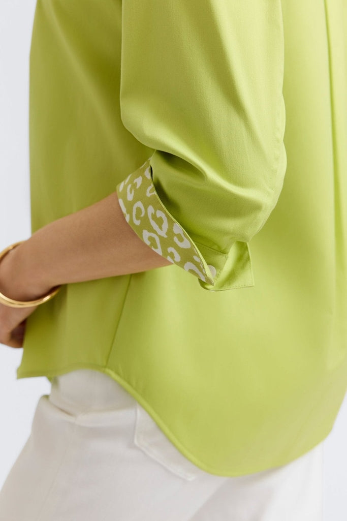 close up of the folded cuffs on the Margie Stretch Matte Sateen 3/4 Sleeve Shirt
#color_chartreuse