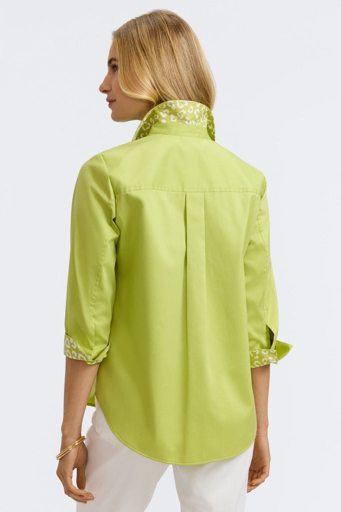 Back view of the Margie Stretch Matte Sateen 3/4 Sleeve Shirt eith thr cuffs folded and collar flared #color_chartreuse