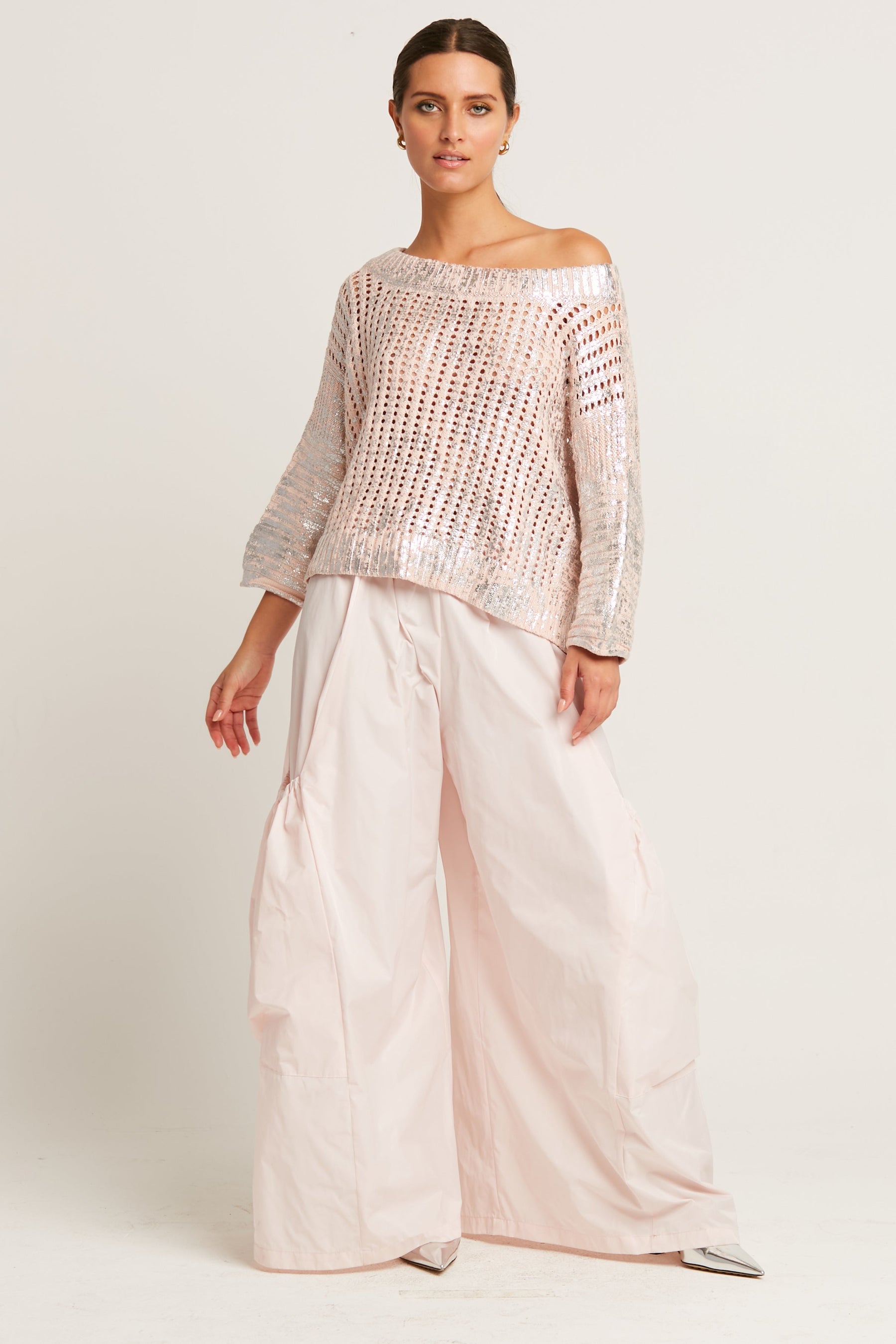 Cotton Metallic Crochet Boatneck Sweater