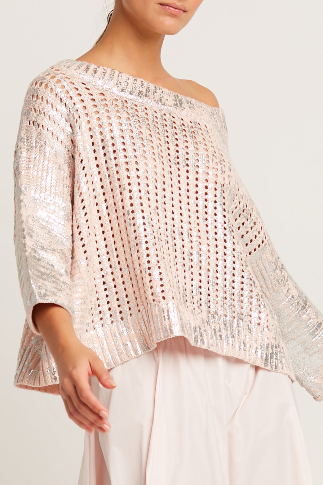 Cotton Metallic Crochet Boatneck Sweater