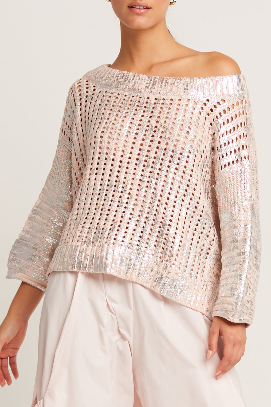Cotton Metallic Crochet Boatneck Sweater