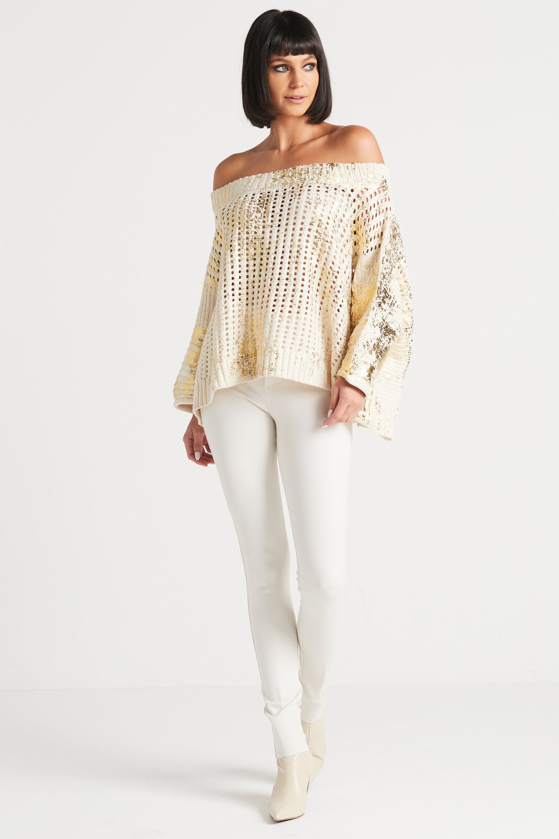 Cotton Metallic Crochet Boatneck Sweater