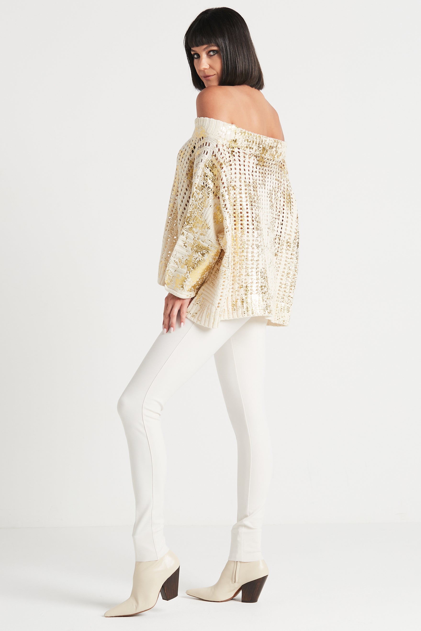 Cotton Metallic Crochet Boatneck Sweater