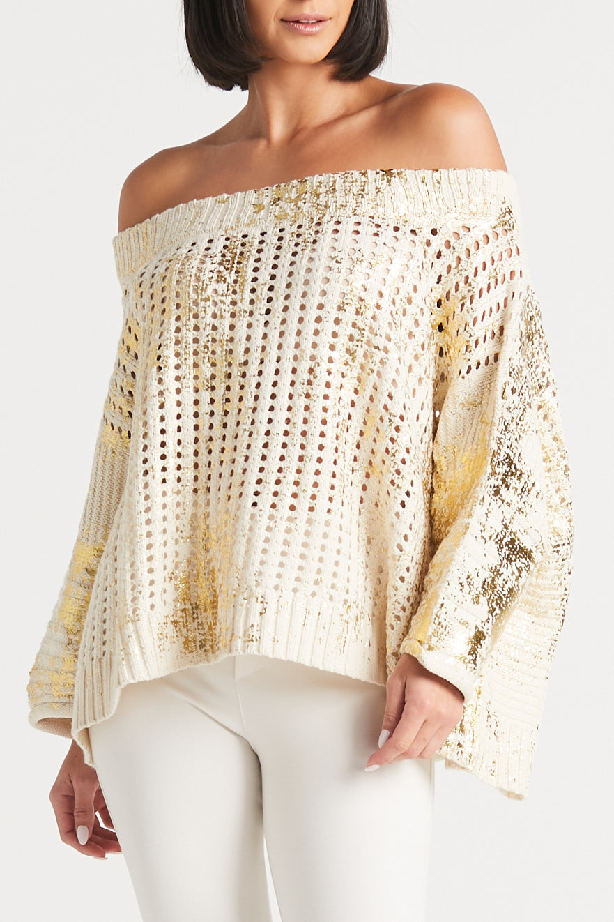 Cotton Metallic Crochet Boatneck Sweater