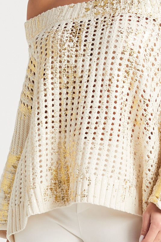 Cotton Metallic Crochet Boatneck Sweater