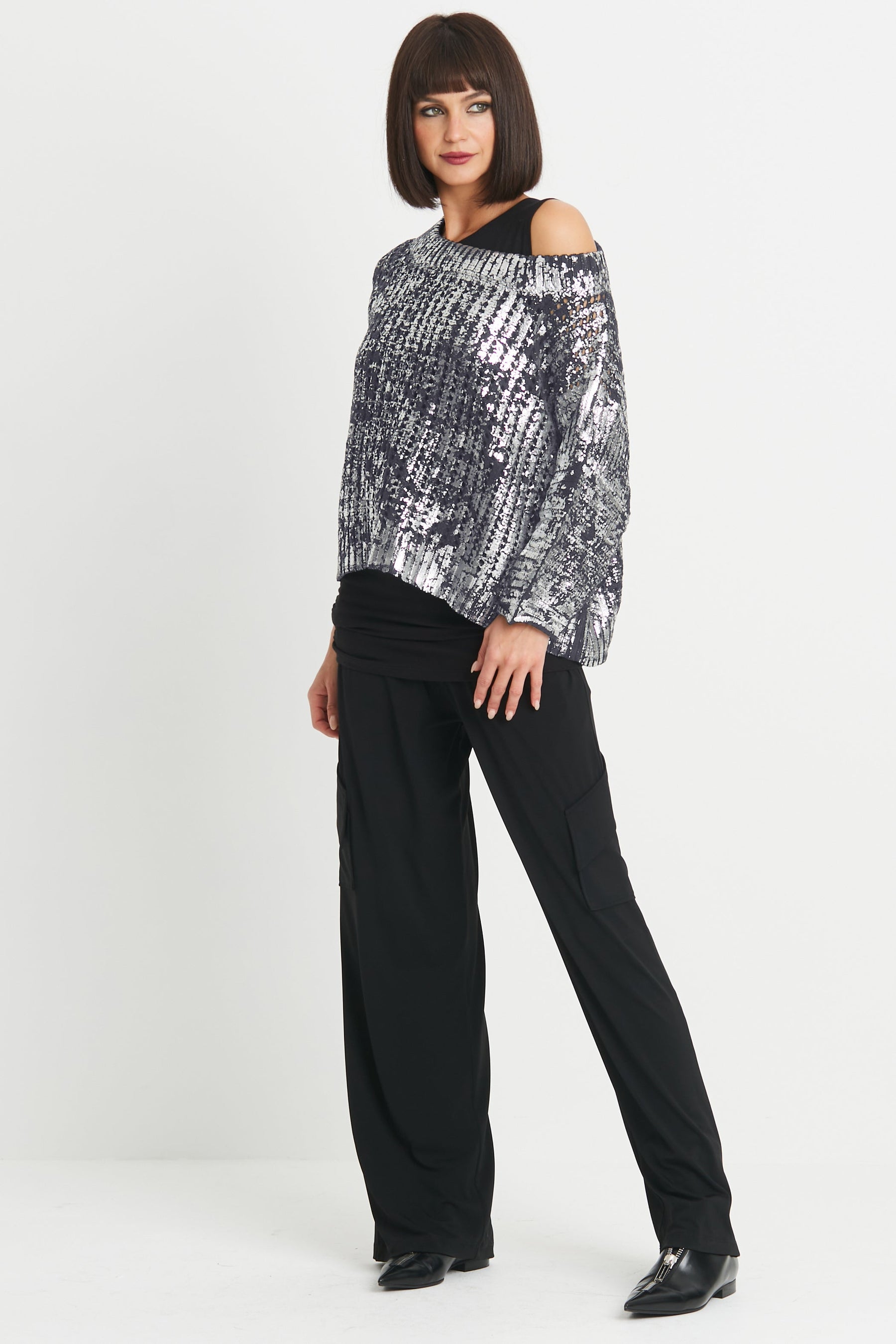 Cotton Metallic Crochet Boatneck Sweater