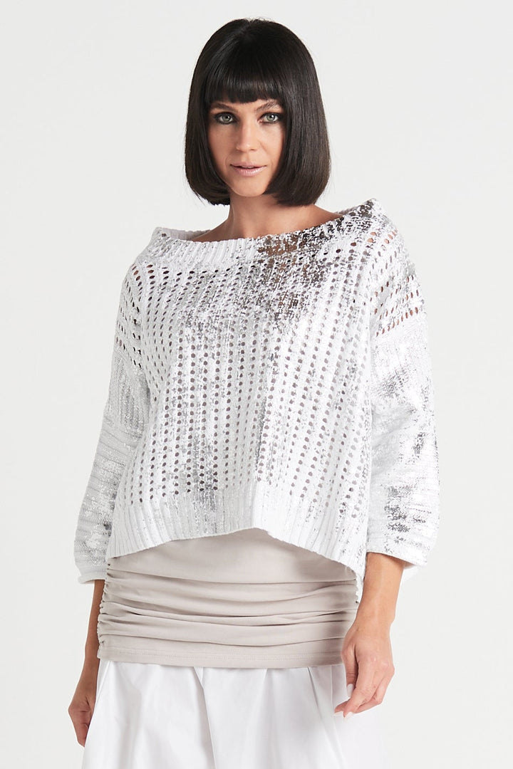 Cotton Metallic Crochet Boatneck Sweater