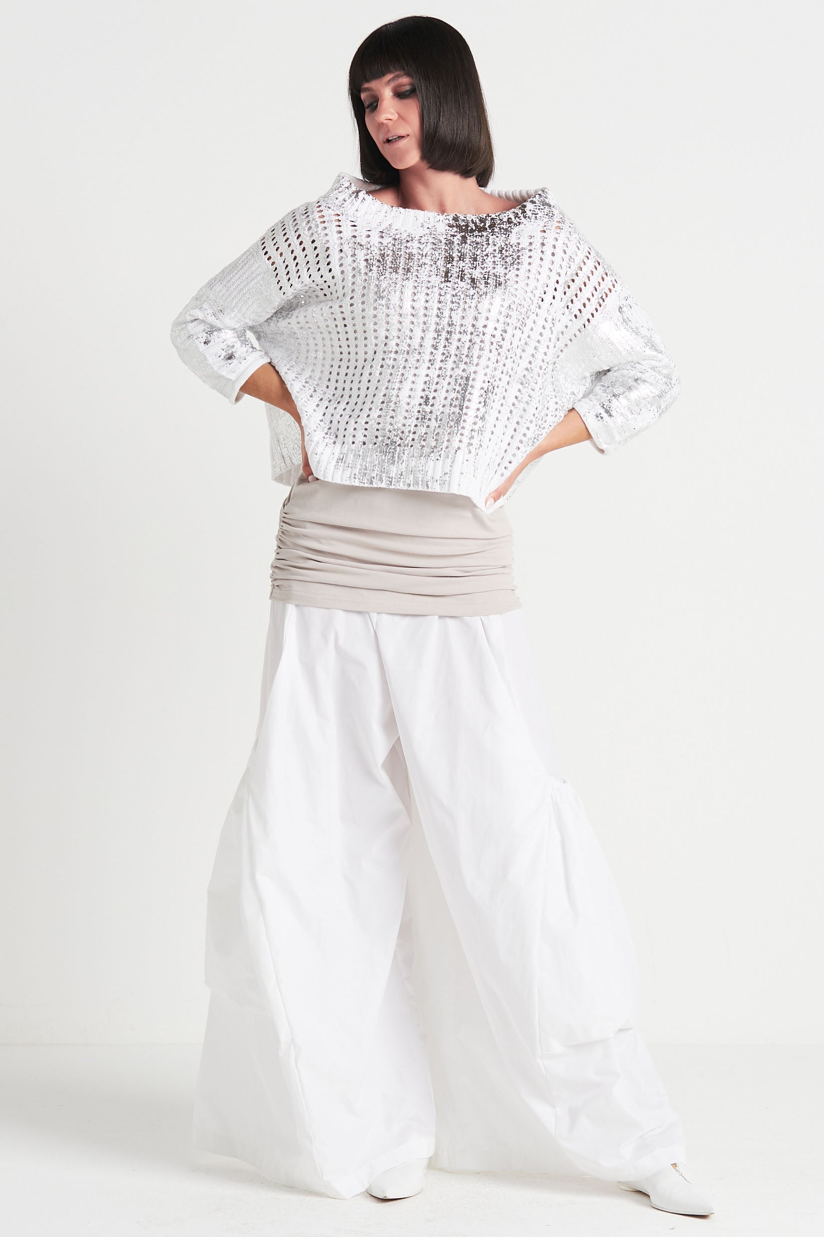 Cotton Metallic Crochet Boatneck Sweater