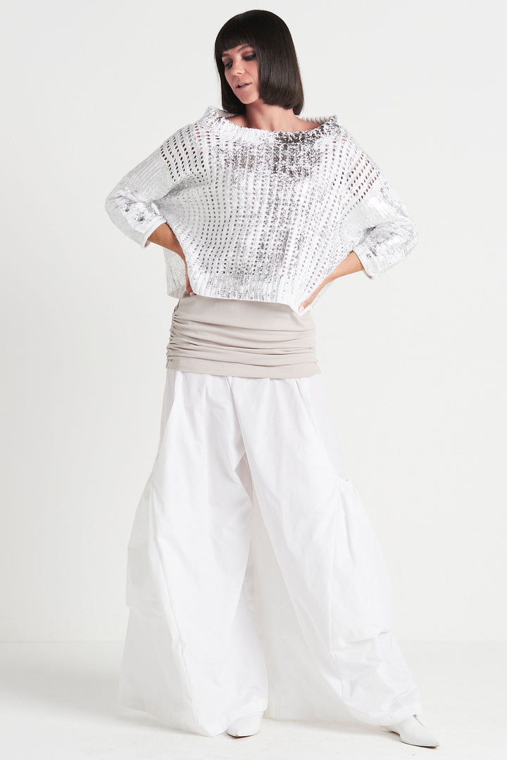 Cotton Metallic Crochet Boatneck Sweater