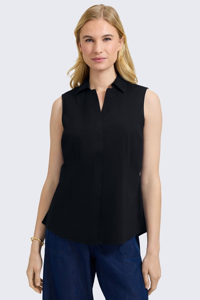 Front view of Taylor No Iron Stretch Sleeveless Shirt #color_black