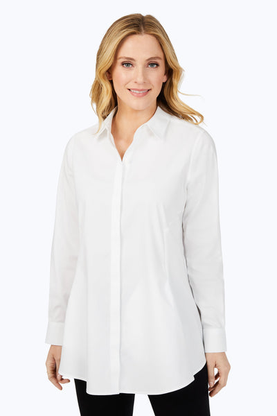 Foxcroft Cici Essential Pinpoint Non-Iron Tunic, perfect for casual elegance and easy-care wear.