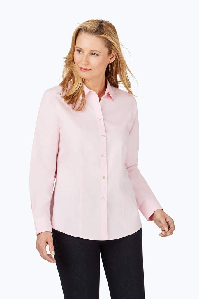 Front view of woman wearing the Dianna No Iron Pinpoint Long Sleeve Shirt #color_chambray pink