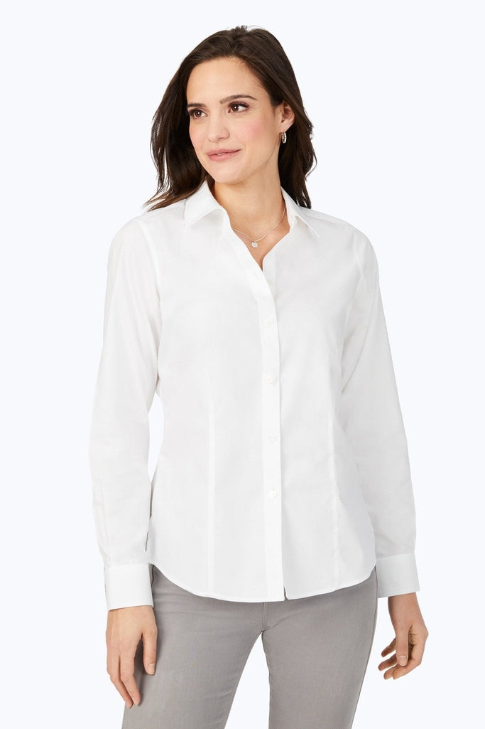 Front view of a woman wearing the Dianna Essential Pinpoint Non-Iron Shirt #color_white
