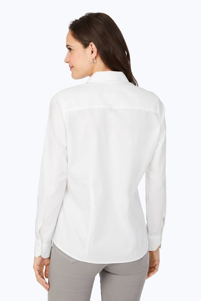 Back view of a woman wearing the Dianna Essential Pinpoint Non-Iron Shirt #color_white