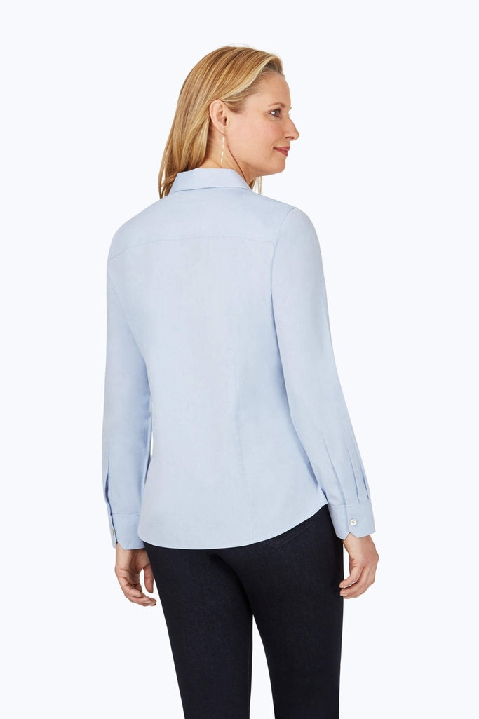 Back view of a woman wearing the Dianna Essential Pinpoint Non-Iron Shirt #color_blue wave