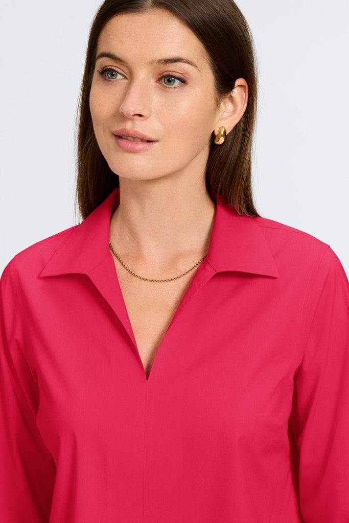 Wing collar and v-neckline of the Agnes long sleeve shirt #color_raspberry