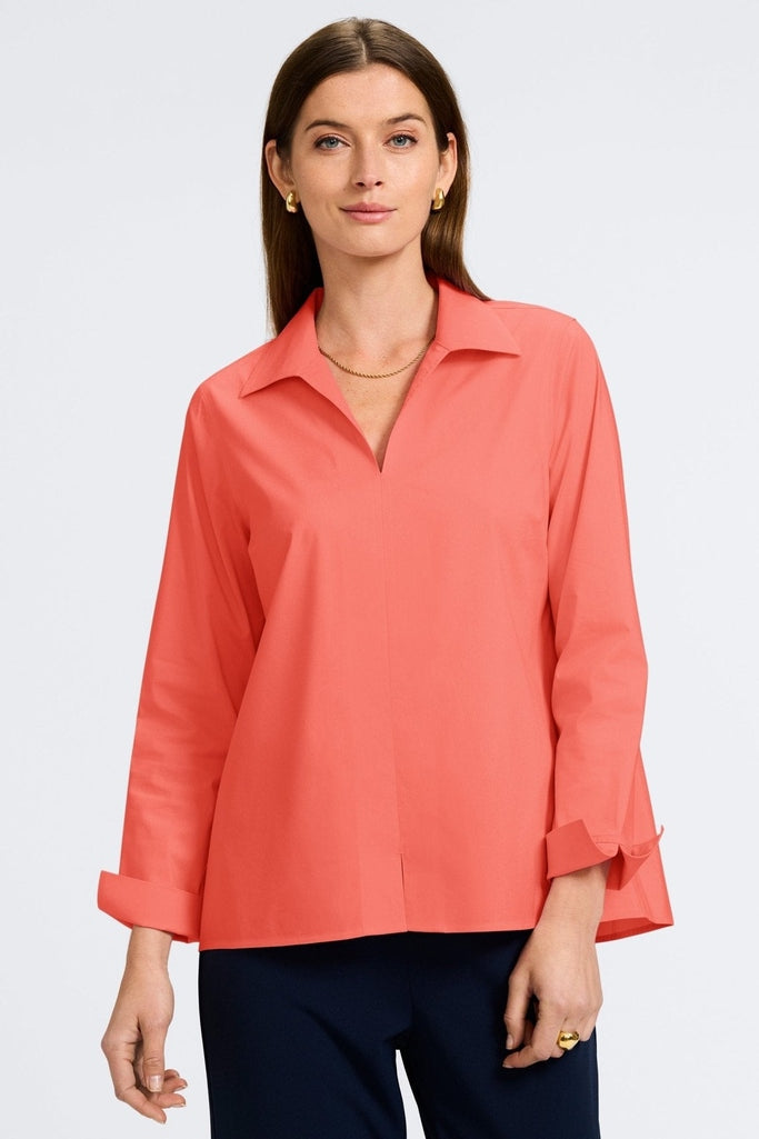 Agnes no iron stretch long sleeve popover shirt in #color_tangerine