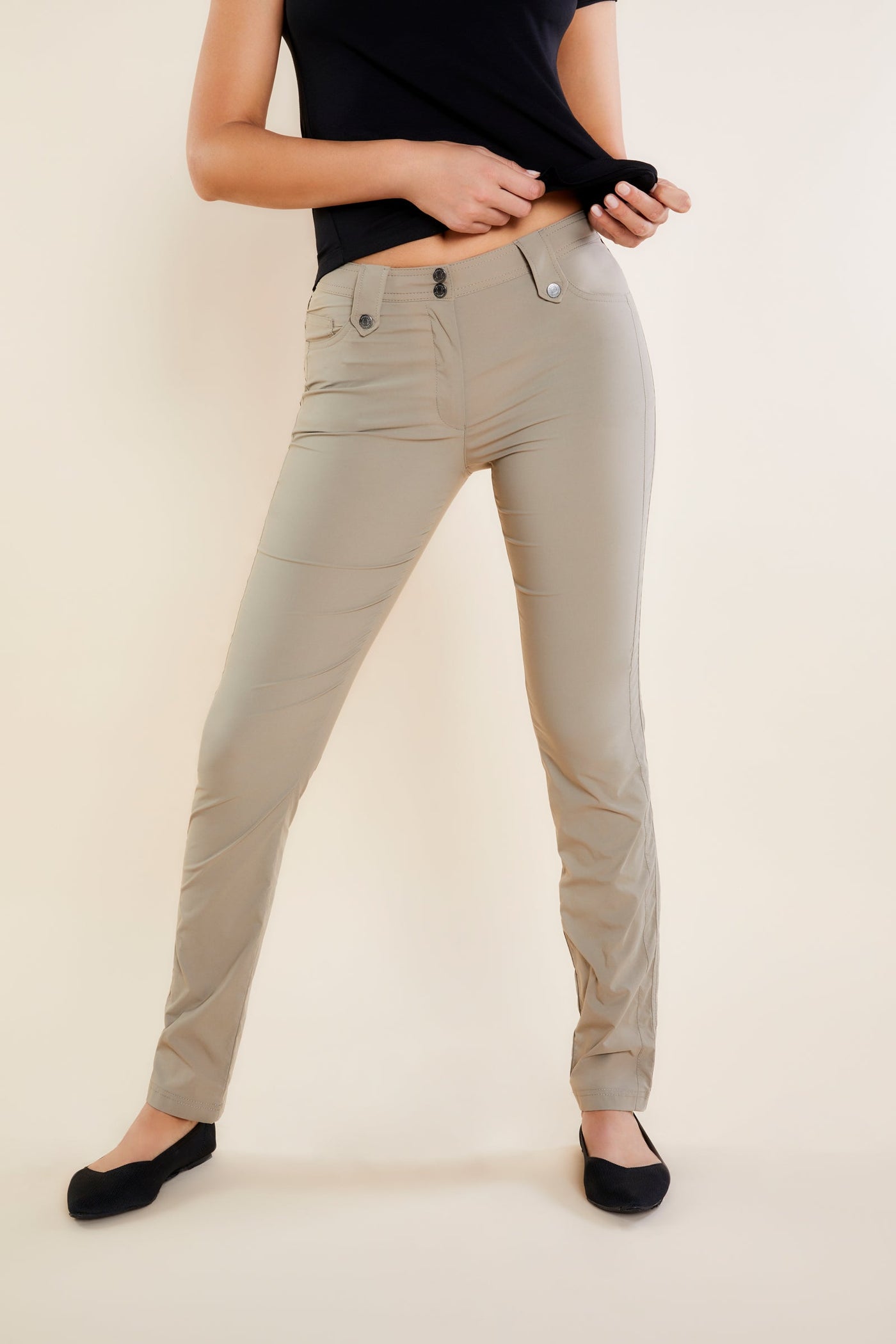 The Best Travel Pants. Front Profile of the Skyler Travel Pant in Khaki