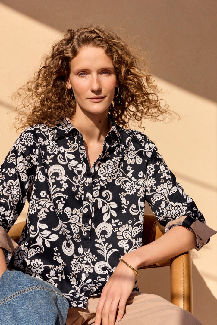 Margie Abstract Daisy Long Sleeve Shirt w/ Roll Tab