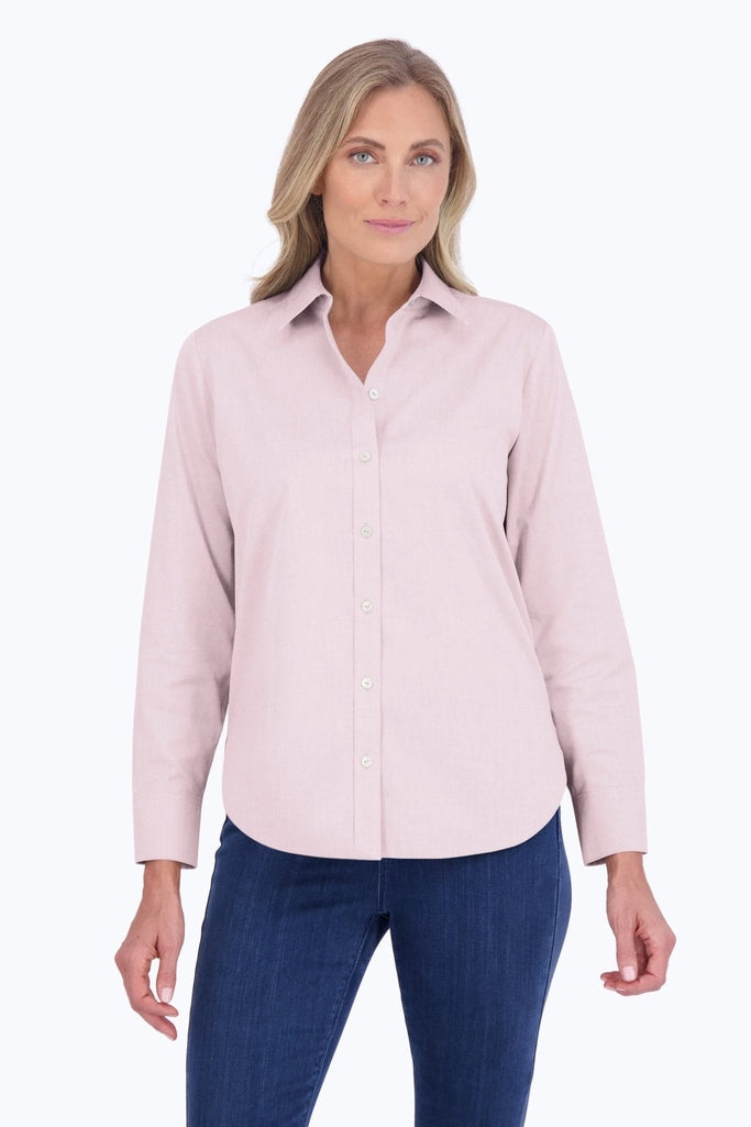 Front view of woman wearing the Meghan No Iron Pinpoint Long Sleeve Shirt #color_chambray pink