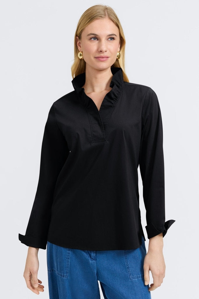 Front view of a woman wearing the Tammy No Iron Stretch Long Sleeve Popover Shirt #color_black