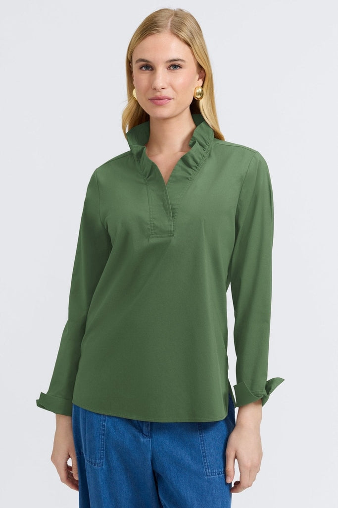 Front view of a woman wearing the Tammy No Iron Stretch Long Sleeve Popover Shirt #color_basil