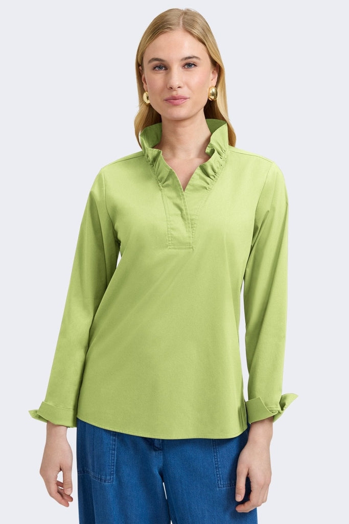 Front view of a woman wearing the Tammy No Iron Stretch Long Sleeve Popover Shirt #color_celery