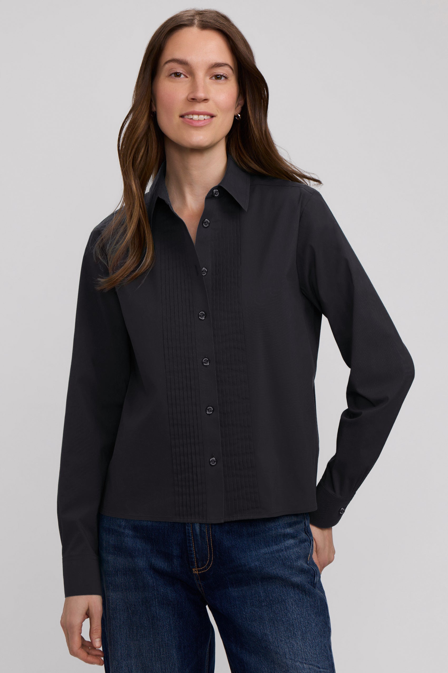 Jodie Stretch Cotton Long Sleeve Pintuck Short Shirt
