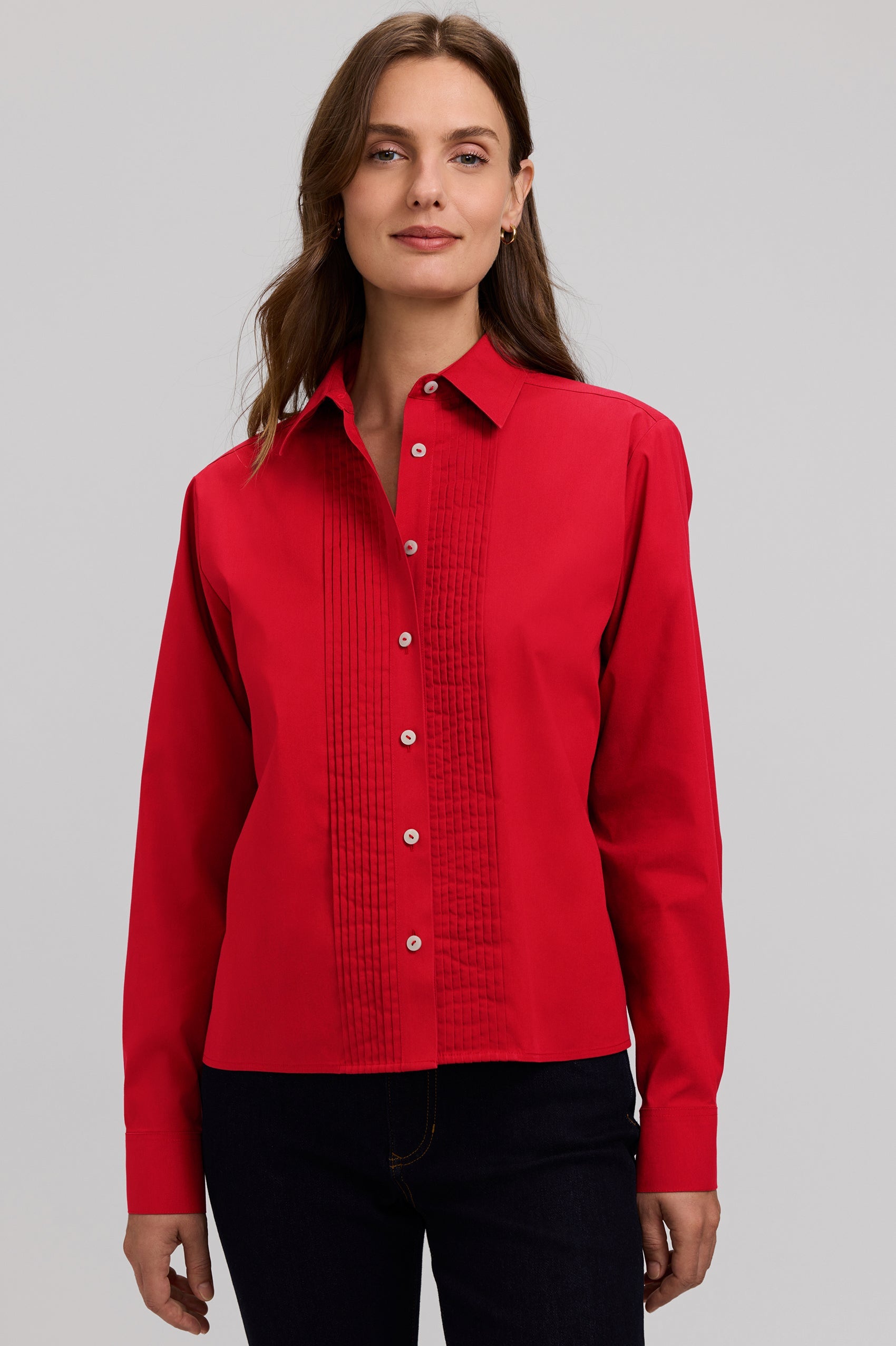 Jodie Stretch Cotton Long Sleeve Pintuck Short Shirt