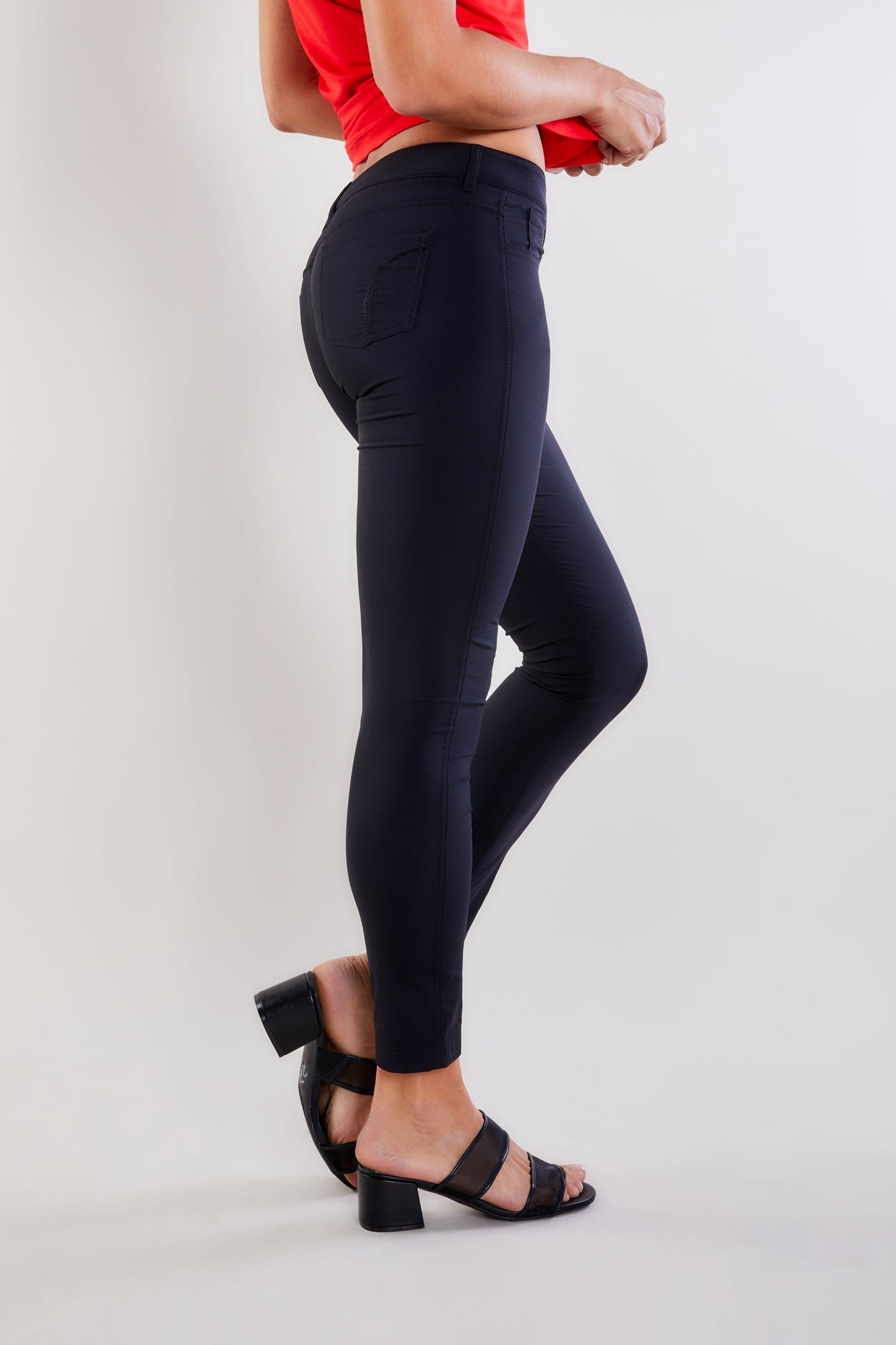 The Best Travel Pants. Side Profile of the Luisa Skinny Jean Pant in Black