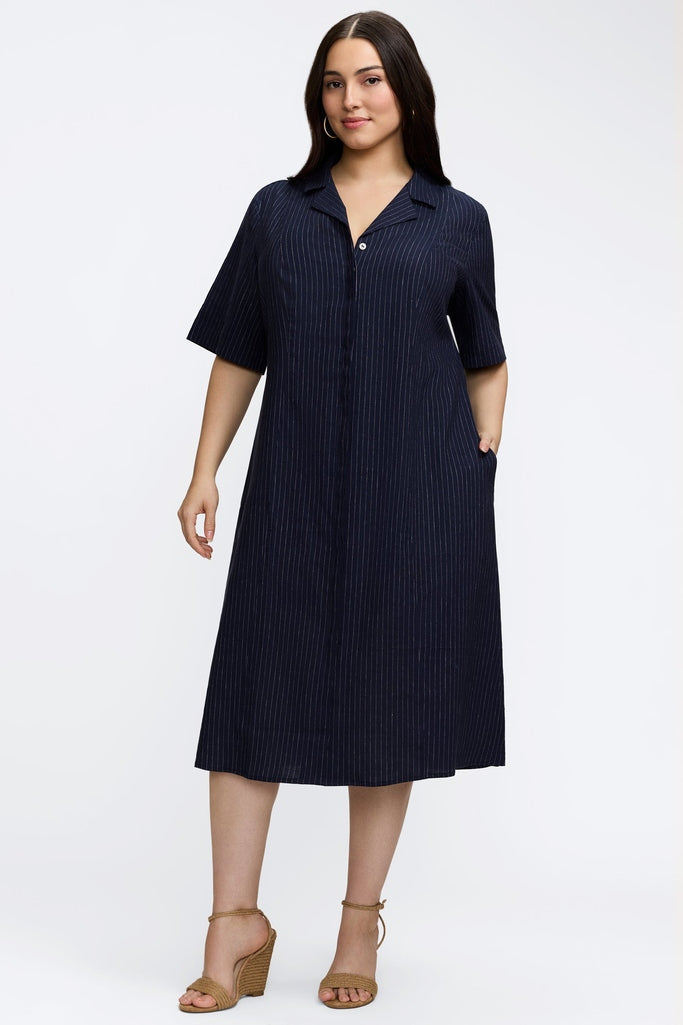 Aniston Plus Pinstripe Linen Short Sleeve Dress