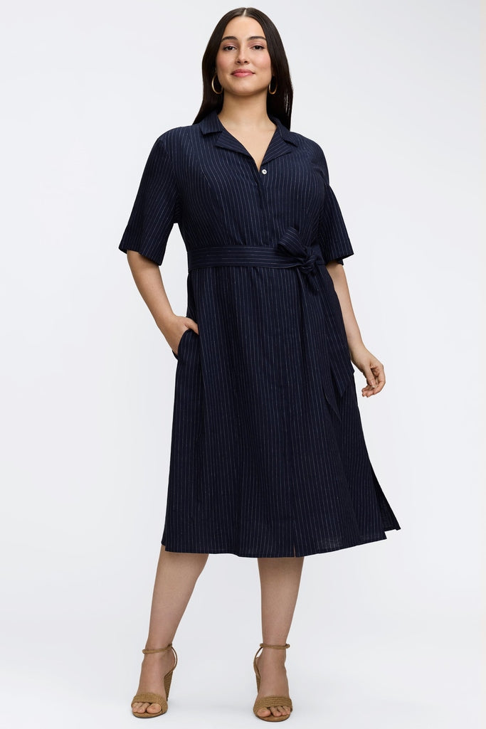 Aniston Plus Pinstripe Linen Short Sleeve Dress