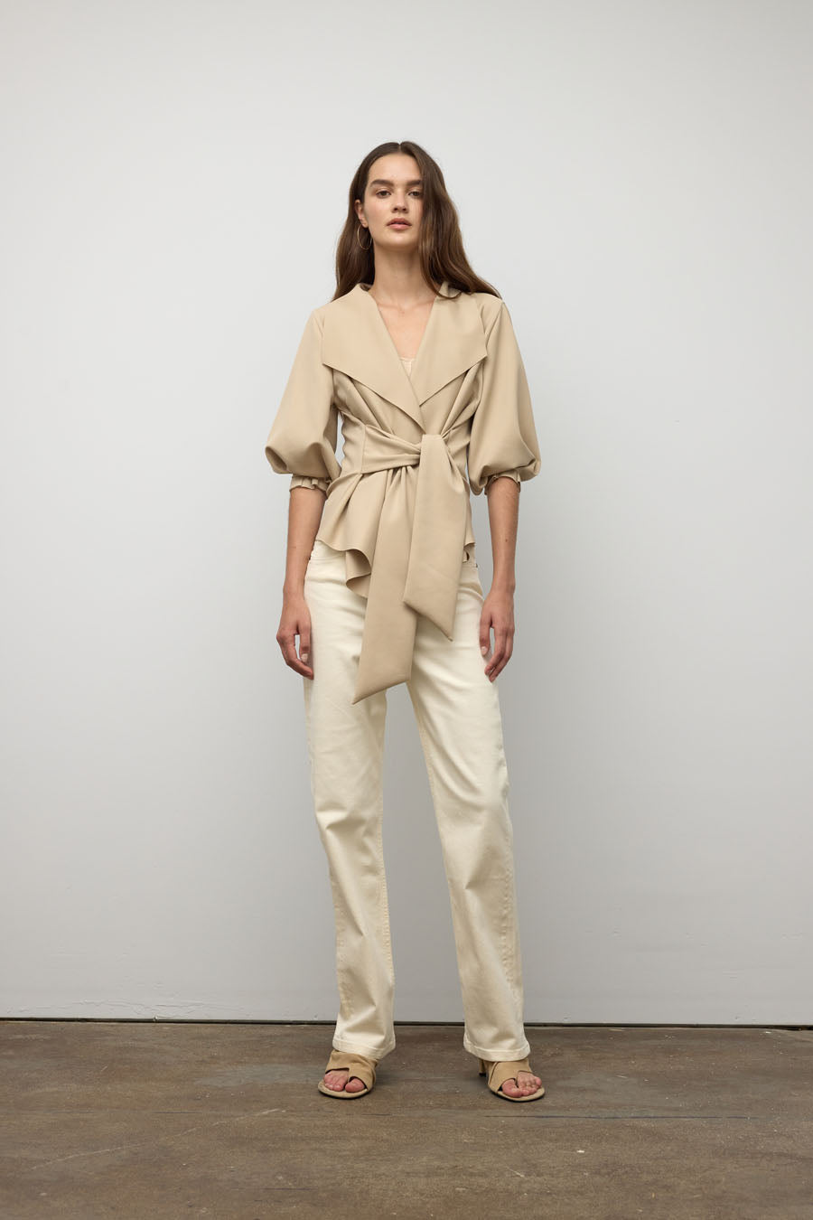 Raw edge belted jacket in scuba