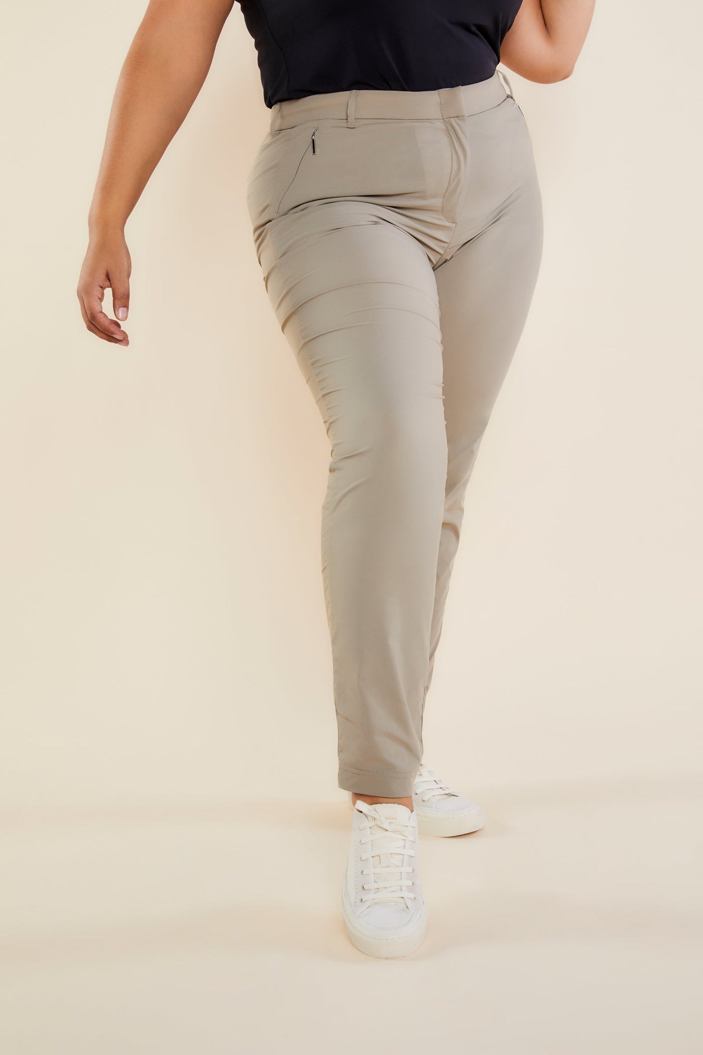 The Best Travel Pants. Front Profile of the Thea Curvy Pant in Khaki.