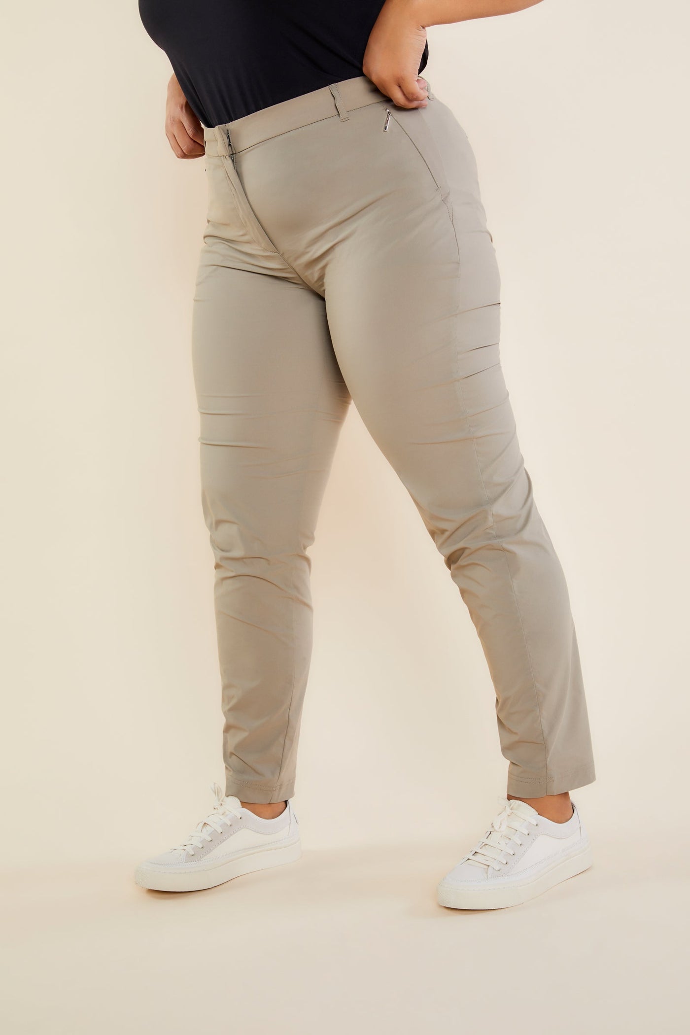 The Best Travel Pants. Side Profile of the Thea Curvy Pant in Khaki.